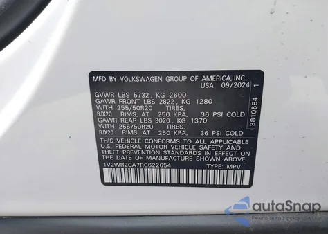 2024 Volkswagen Atlas 2.0T Se W/Technology из США, поврежденный, VIN 1V2WR2CA7RC622654